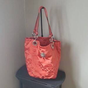 Coach Alex Coral Satin Logo Tote with Silver Hardware